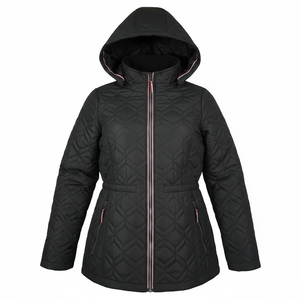 Tommy Hilfiger Womens Black Geometric Quilted Hooded Puffer Jacket Lg TWCVG2118